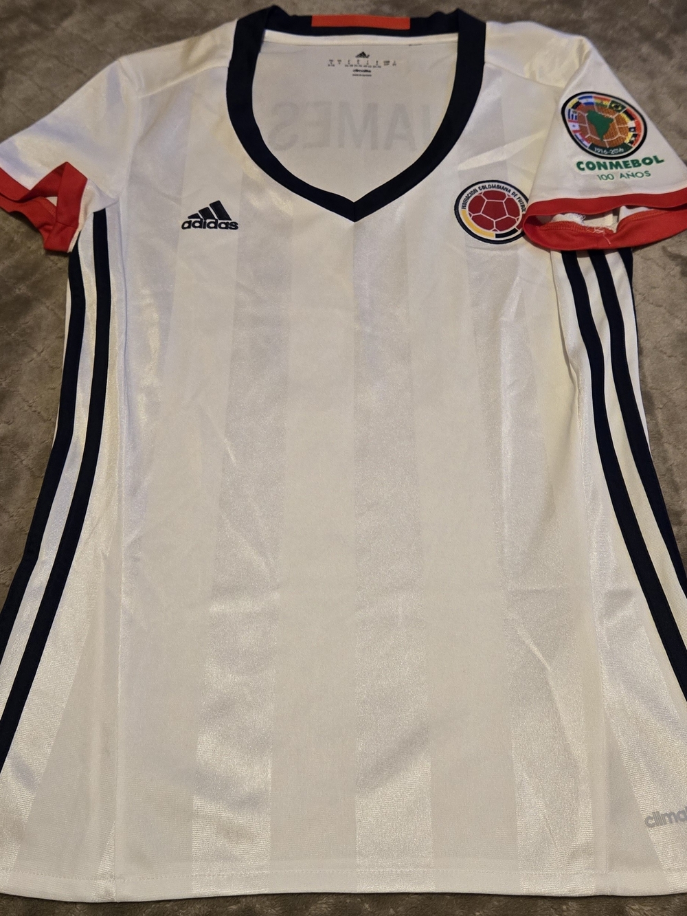 adidas White Kids Soccer Jersey with Navy & Red Accents